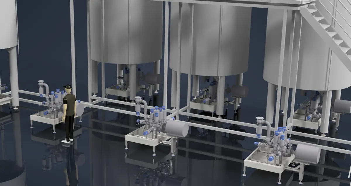 3D-ontwerp van een procesinstallatie met tanks en klepclusters